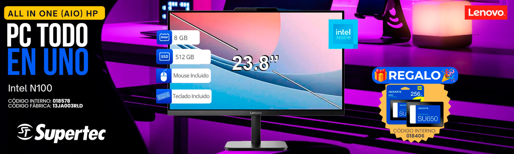 AIO LENOVO V100 INTEL N100 + DISCO SOLIDO ADATA 256GB SU650