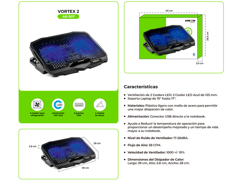 COOLER P/LAPTOP AIRBOOM VORTEX2 AB007 BASE CON COOLER 2FAN 12.5CM