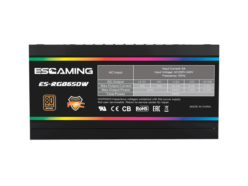 FUENTE DE PODER ESGAMING ES-RGB650W APFC 80+ BRONZE