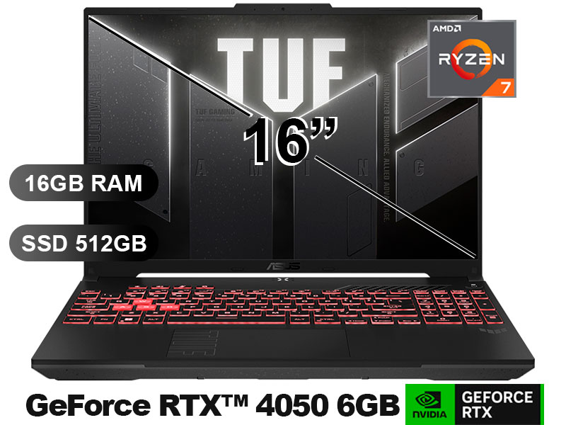 LAPTOP ASUS TUF GAMING A16 FA607NUG-RL117 R7-7445HS/ 16GB/ SSD512GB/ RTX4050 6GB/ 16/ FREEDOS
