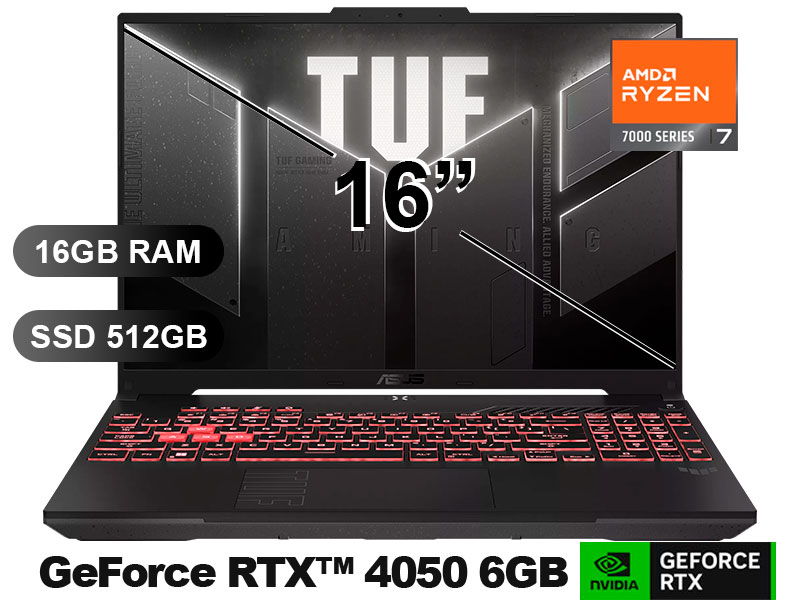 LAPTOP ASUS TUF GAMING A16 FA607NUG-RL216 R7-7445HS/ 16GB/ SSD512GB/ RTX4050 6GB/ 16/ FREEDOS