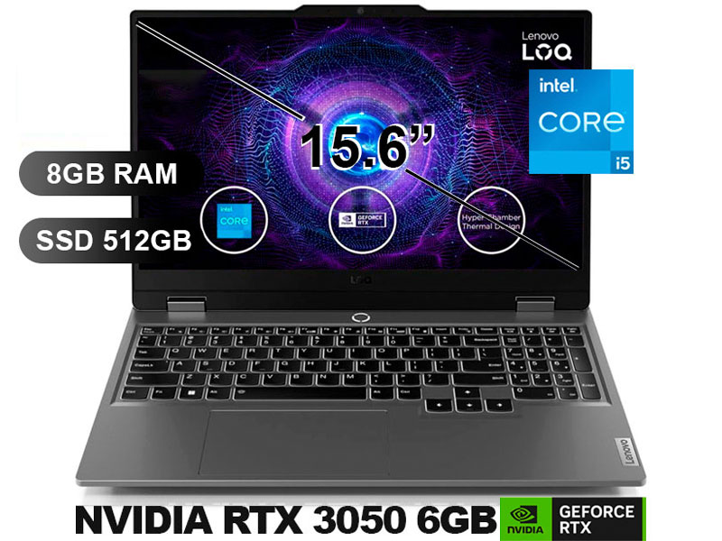 LAPTOP LENOVO LOQ 15IAX9 I5-12450HX/ 8GB/ SSD512GB/ RTX3050 6GB/ 15.6 FHD/ FREEDOS/ 83GS006WLM