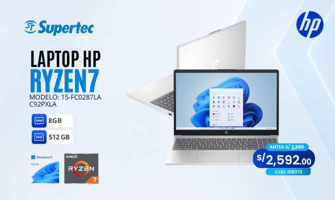 LAPTOP RYZEN 7 LAPTOP HP 15-FC0287LA RYZEN7- 7730U/ 8GB/ SSD512GB/ 15.6/ W11H/ C92PXLA