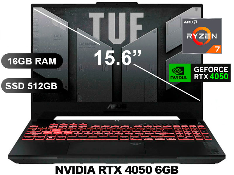 LAPTOP ASUS TUF GAMING FA507NU-LP031 GeForce RTX™ 4050 R7-7735HS/ 16GB/ SSD512GB/V6GB/15.6/FREE