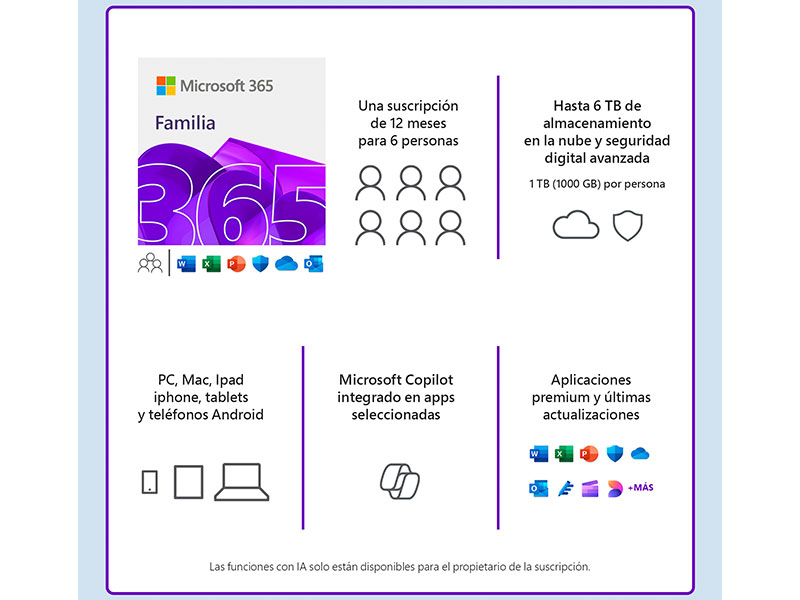 OFFICE MICROSOFT 365 FAMILIA 6 USUARIOS/ 5 DISPOSITIVOS | 12 MESES + KASPERSKY 1PC + IA COPILOT