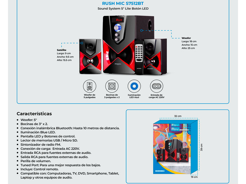 PARLANTE MICRONICS MIC 7512BT RUSH BLED FM SD+USB 