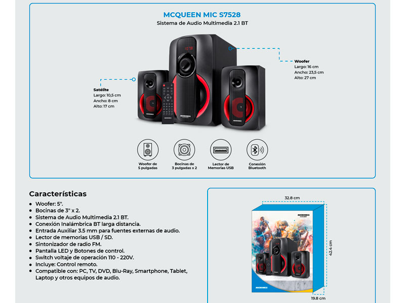 PARLANTE MICRONICS MCQUEEN MC S7528 2.1 BT FM USB 
