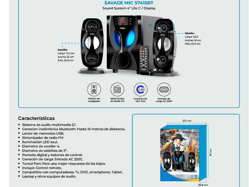 PARLANTE MICRONICS SAVAGE MIC S7415BT FM USB